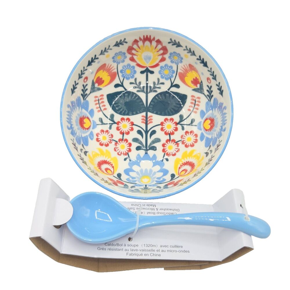 SH Home Multicolor Floral Ceramic Ramen Soup Bowl 48oz With‎ Spoon